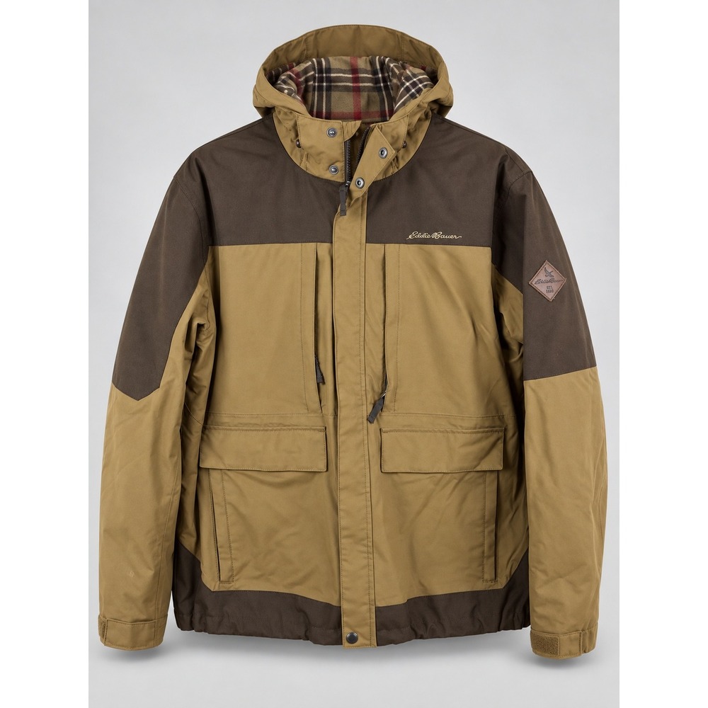Eddie Bauer Hooded Jacket Mens L Brown Tan Flannel Lined Utility Outdoor Casual